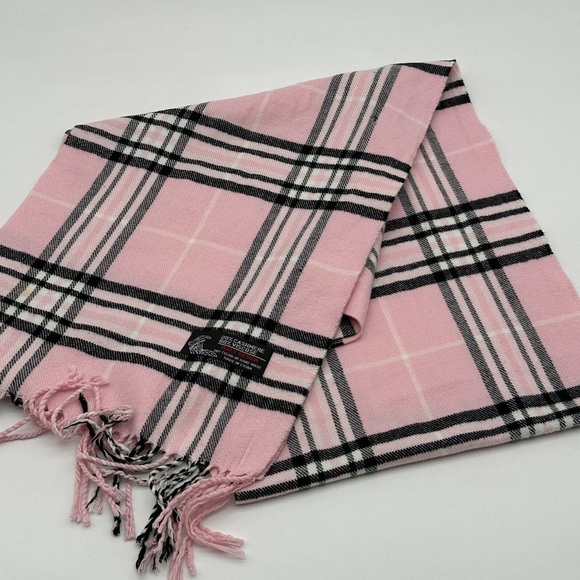 Cashmere Blend Scarf Pink Black & White Plaid With Fringe 68” x 12” Winter - Picture 4 of 6